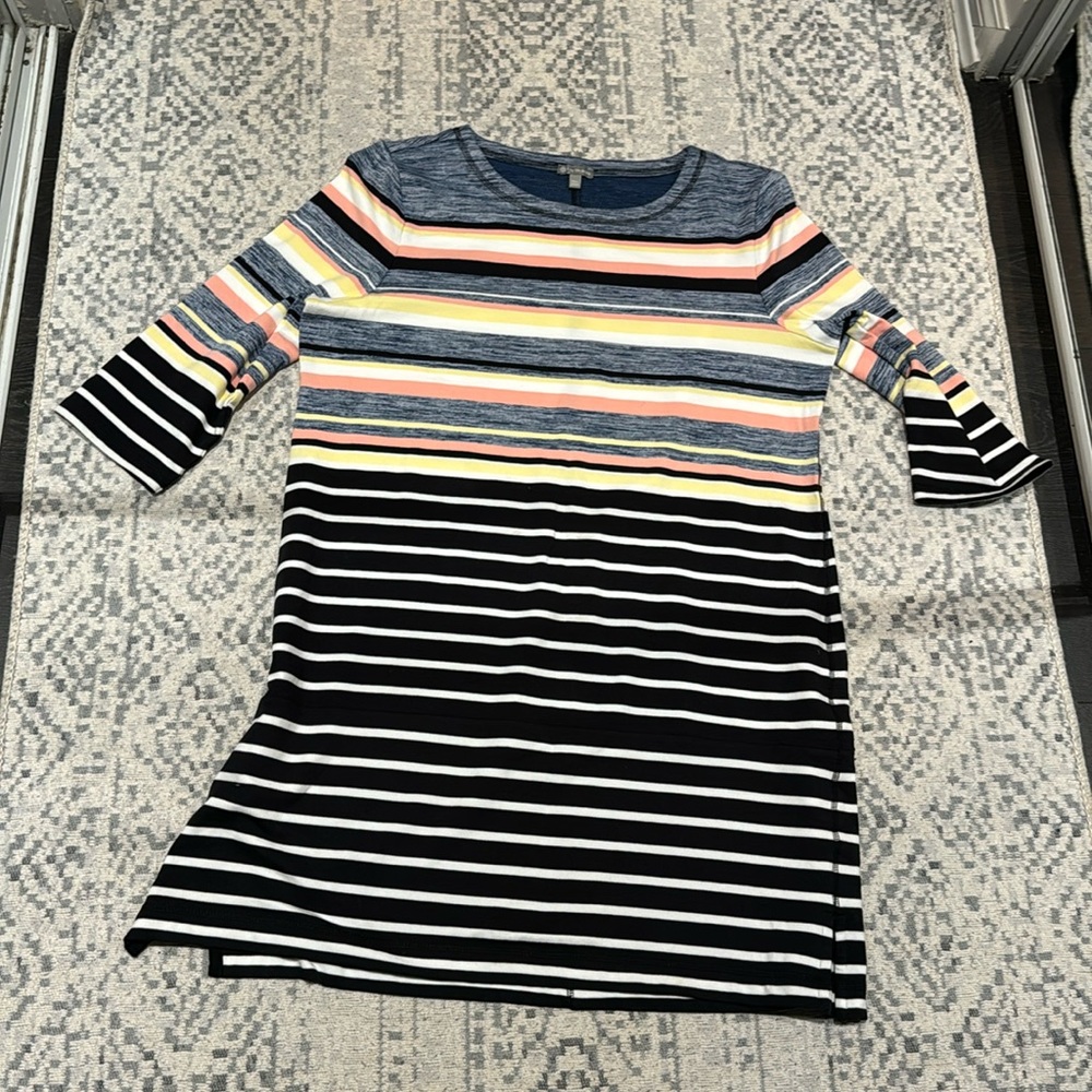 T by Talbots Womens TShirt Dress Black Stripe 3/4 Sleeve Stretch Mini Petite XLp